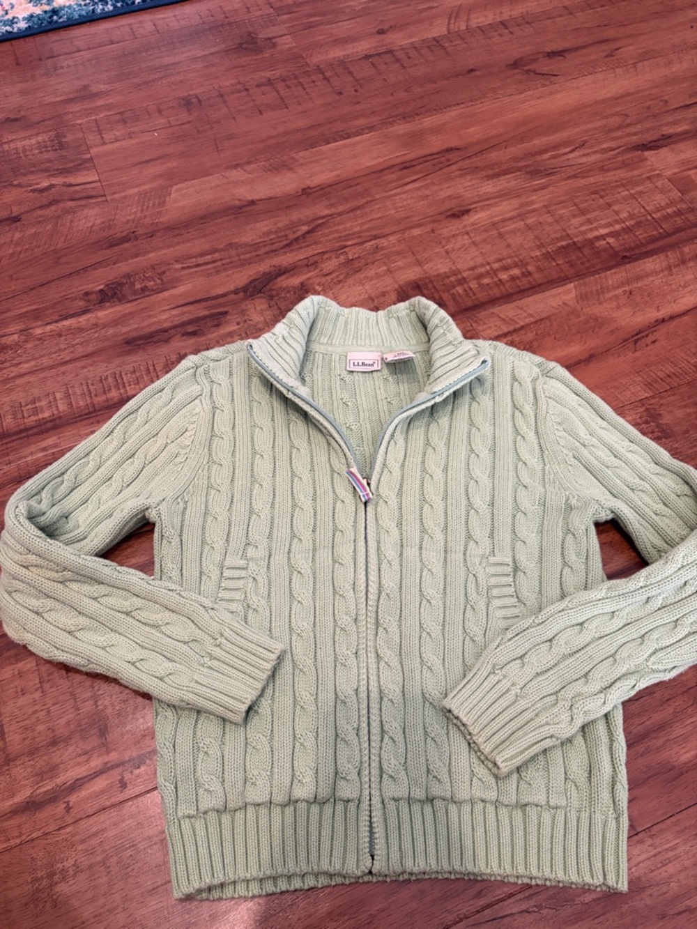 L.L. Bean Girls’ Pale Mint Cable-Knit Zip Cardigan